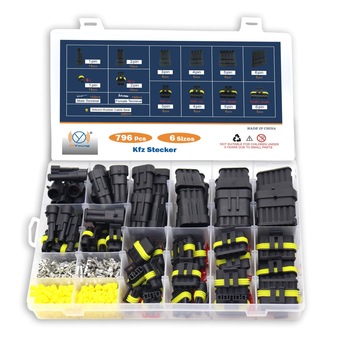 DIYoung 796 Stück Auto Wasserdichte KFZ Kabel Steckverbinder, 12V Wasserdichte Stecker, kfz Stecker
