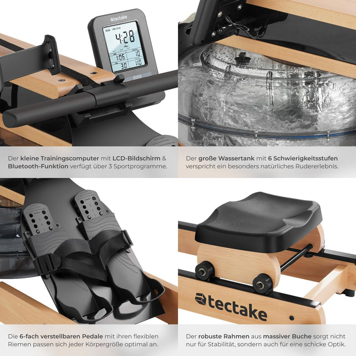 tectake® Wasser Rudergerät für Zuhause + Pulsgurt, Holzrudergerät Heimtrainer mit Wassertank, Wasser