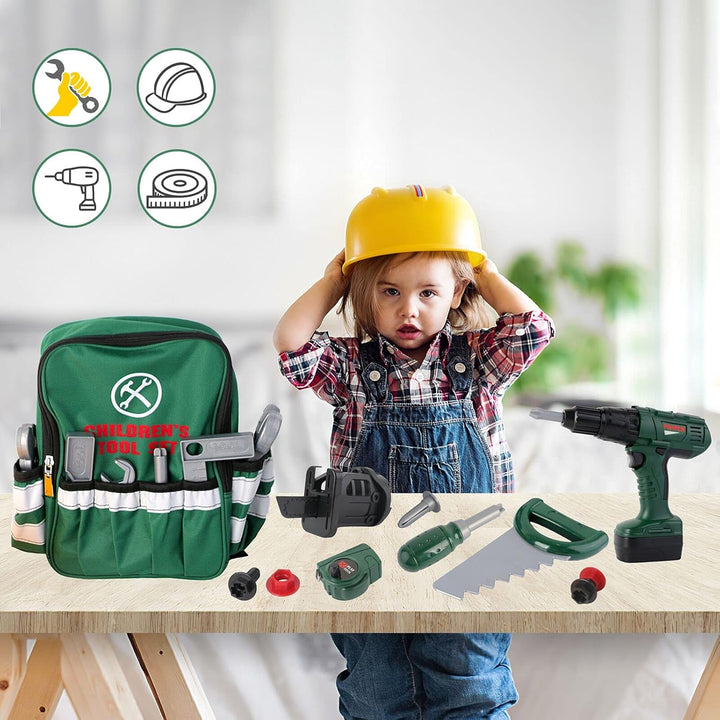 deAO Werkzeugkoffer Kinder, Werkzeug Spielzeug Set mit Elektrische Bohrmaschine, Rucksack, Helm und