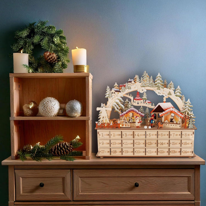 BRUBAKER Adventskalender zum Befüllen - Weihnachtsdorf 2025 - Weihnachtskalender aus Holz mit LED Be