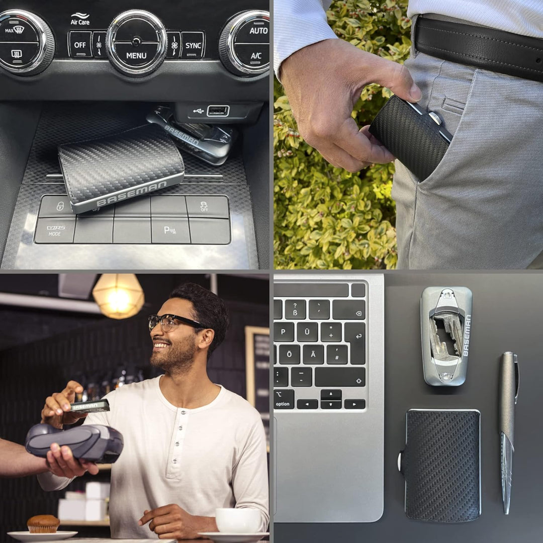 BASEMAN® Kreditkartenetui mit Münzfach I das Slim-Wallet aus Aluminium & Echtleder I Kartenetui für