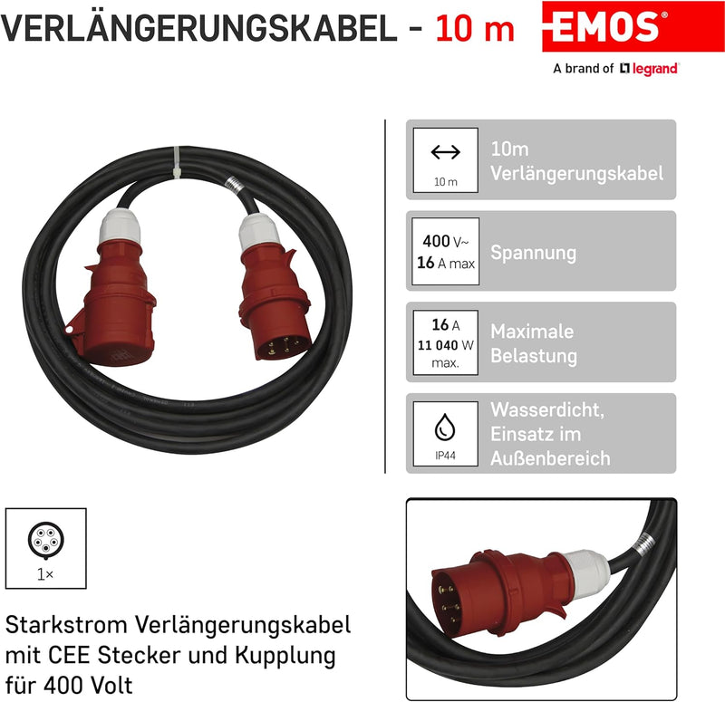 CEE-Verlängerungskabel 5-polig Stecker / 10m / 5X 16 A / 400V / 3 Phasen / 2,5 mm / IP44 / schwarz