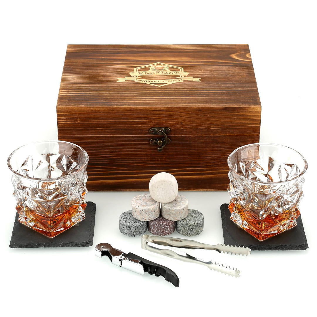 Whisky Stones and Glasses Gift Set, Whisky Rocks Chilling Stones in Handmade Wooden Box - Cool Drink