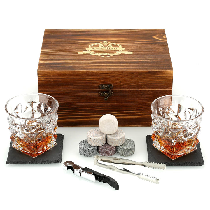 Whisky Stones and Glasses Gift Set, Whisky Rocks Chilling Stones in Handmade Wooden Box - Cool Drink