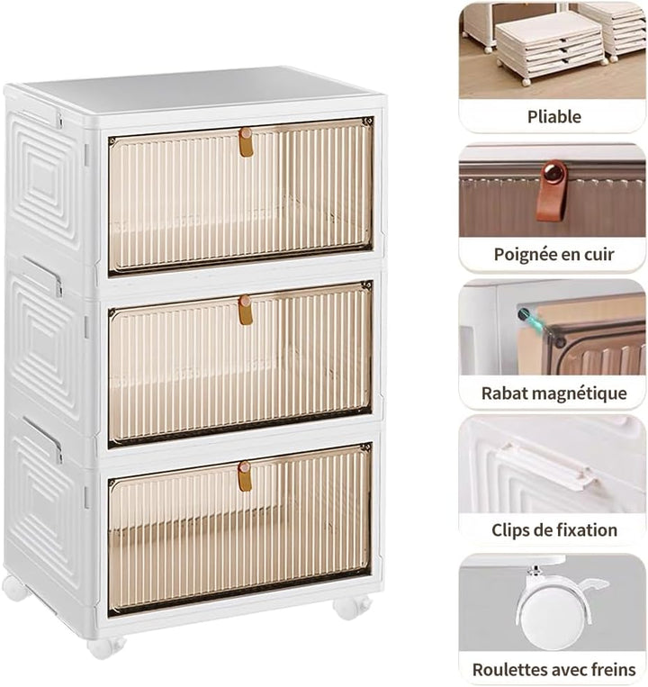 Faltbare Aufbewahrungsbox, Organizer aus Kunststoff mit Deckel und Riemenscheibe, 3 grosse Schublade