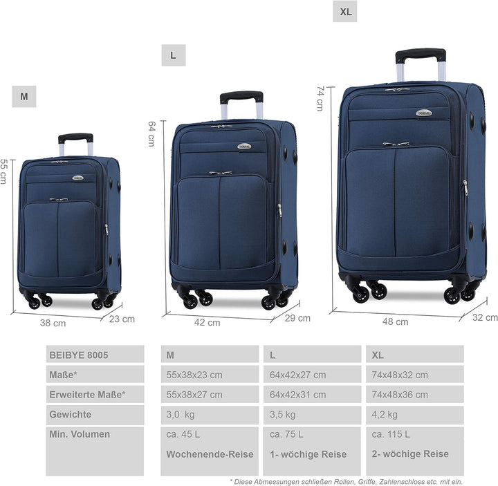 BEIBYE 4 Rollen Reisekoffer 3tlg.Stoffkoffer Handgepäck Kindergepäck Gepäck Koffer Trolley Set-XL-L-