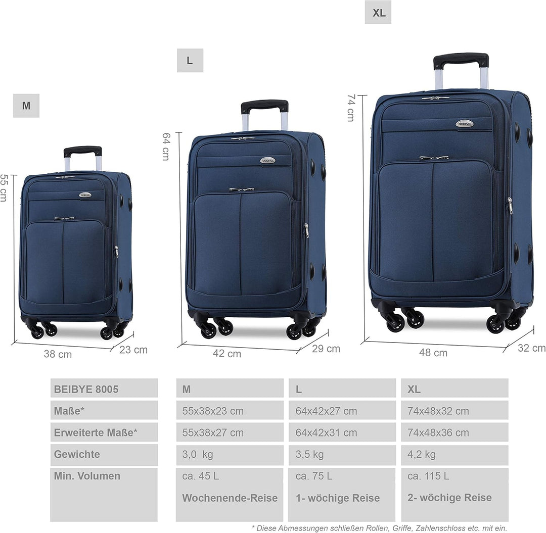 BEIBYE 4 Rollen Reisekoffer 3tlg.Stoffkoffer Handgepäck Kindergepäck Gepäck Koffer Trolley Set-XL-L-