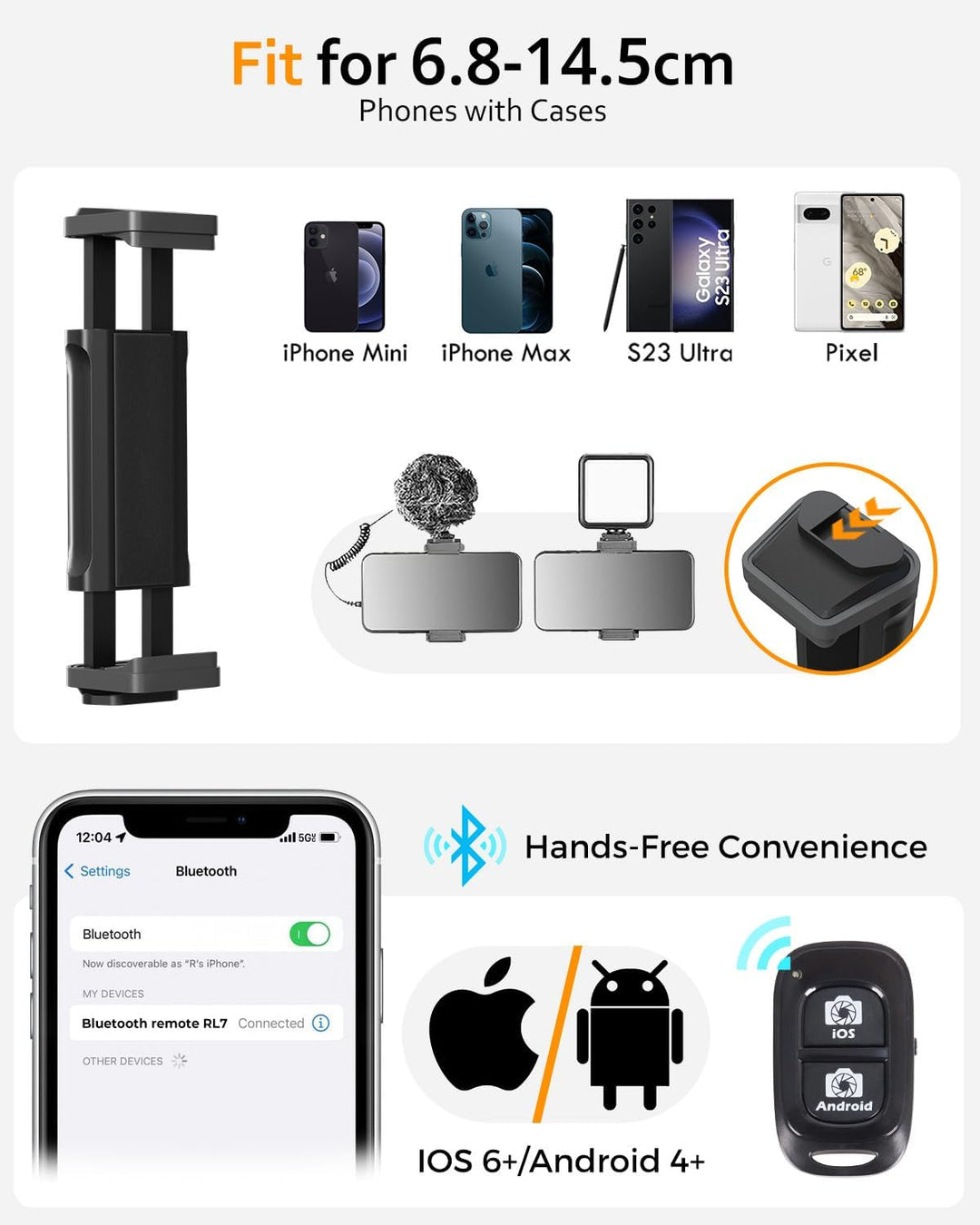 Aureday Handy Stativ Ständer 223cm Selfie Handy Stativ mit 38cm Flexibler Schlauch 360° Drehbarer, B