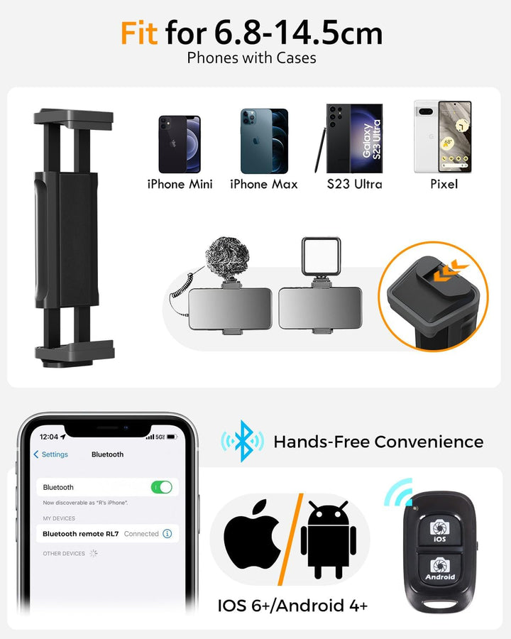 Aureday Handy Stativ Ständer 223cm Selfie Handy Stativ mit 38cm Flexibler Schlauch 360° Drehbarer, B