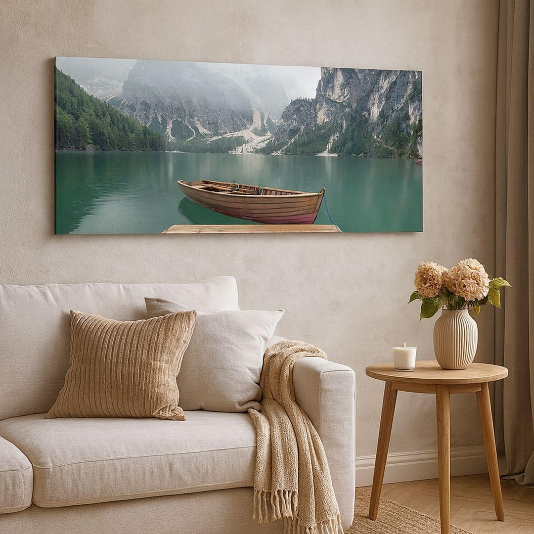 Panorama Bilder auf Leinwand Berge See Boot Leinwandbild mit Rahmen 90x30cm Wandbilder Dekoration Wo