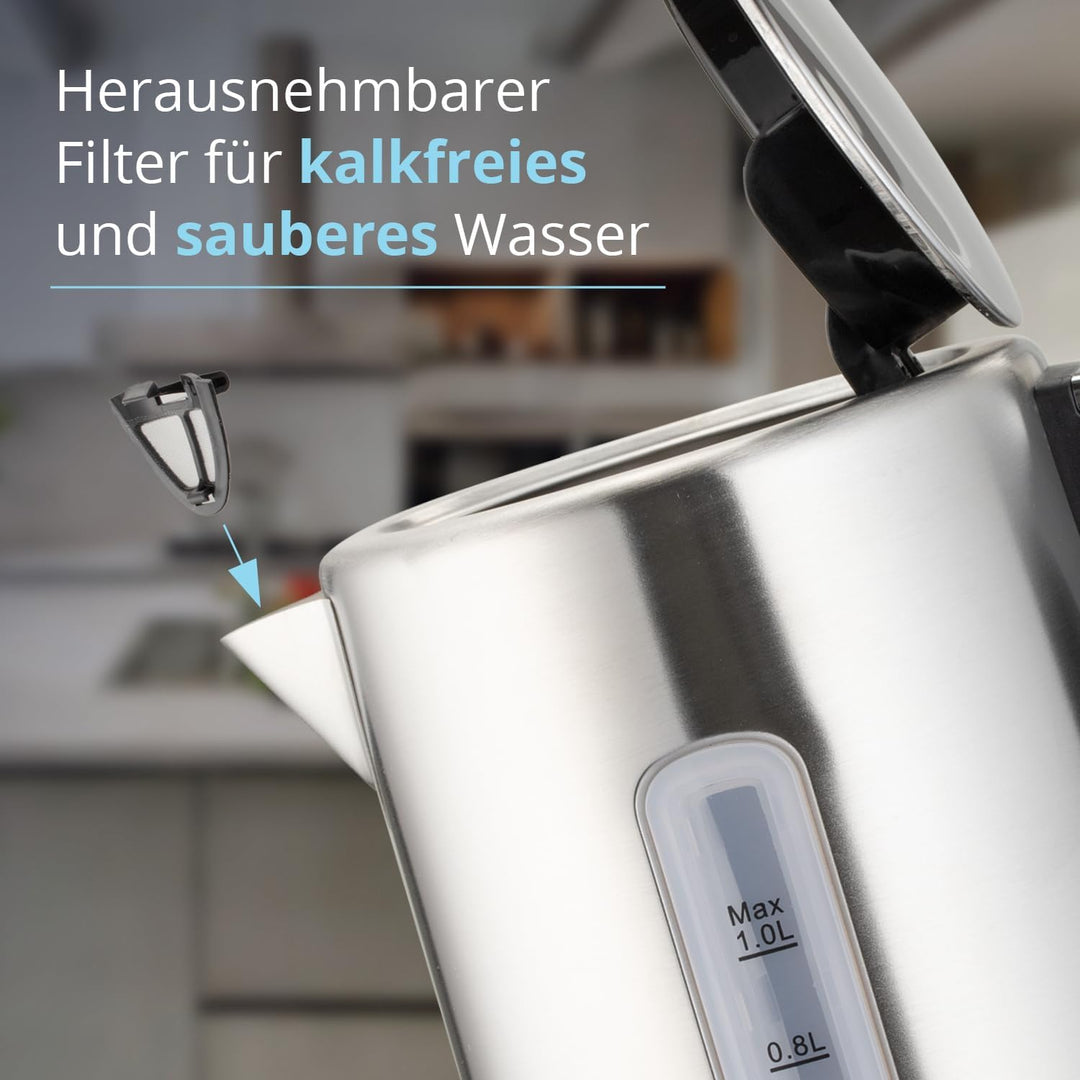 KHG Wasserkocher WK-105 ES Edelstahl | 1l Kapazität | LED | Kalkfilter | Wasserstandsanzeige | Öffne