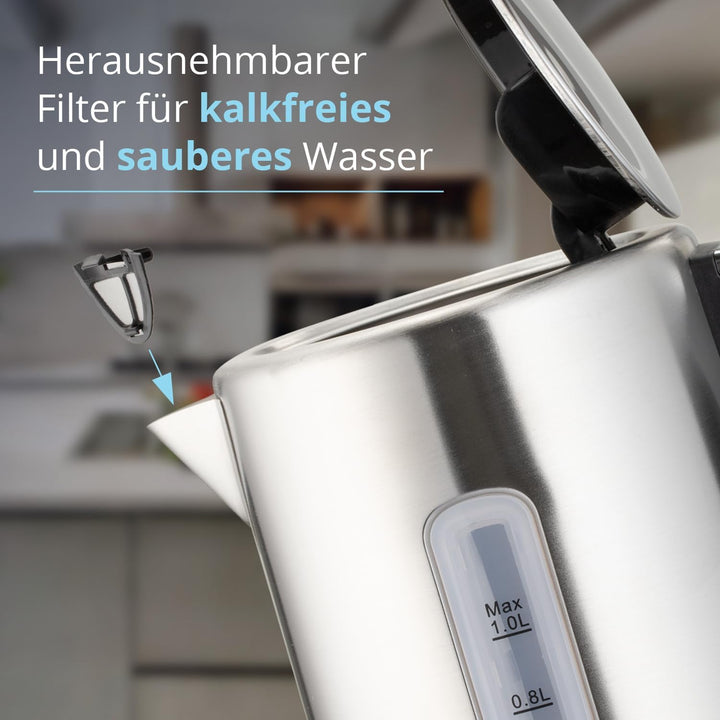 KHG Wasserkocher WK-105 ES Edelstahl | 1l Kapazität | LED | Kalkfilter | Wasserstandsanzeige | Öffne
