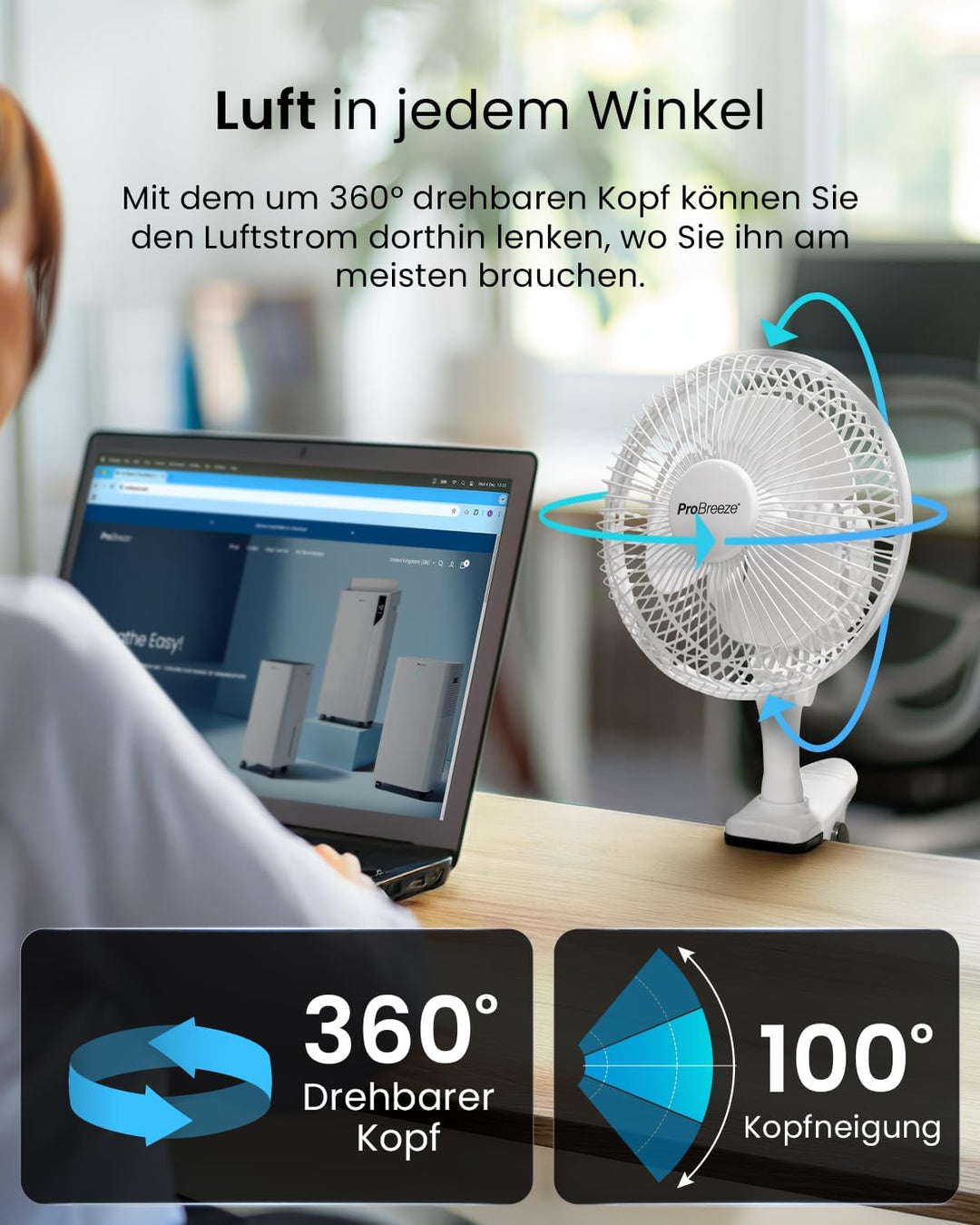 Pro BreezeTM Mini Ventilator mit Clip, sehr leiser Betrieb, 20 cm Durchmesser, 2 Geschwindigkeitsstu
