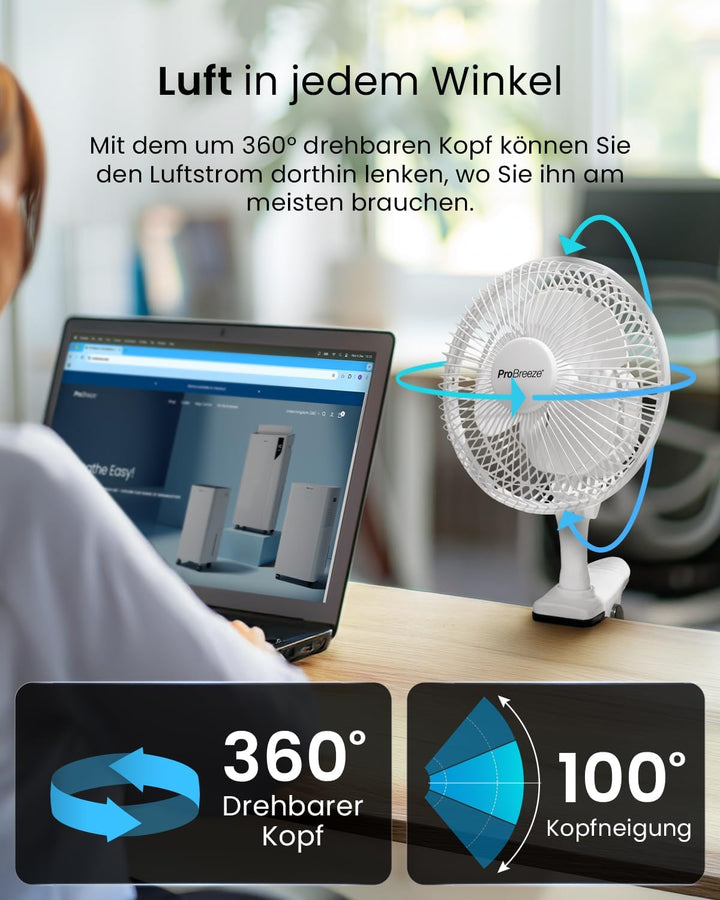 Pro BreezeTM Mini Ventilator mit Clip, sehr leiser Betrieb, 20 cm Durchmesser, 2 Geschwindigkeitsstu