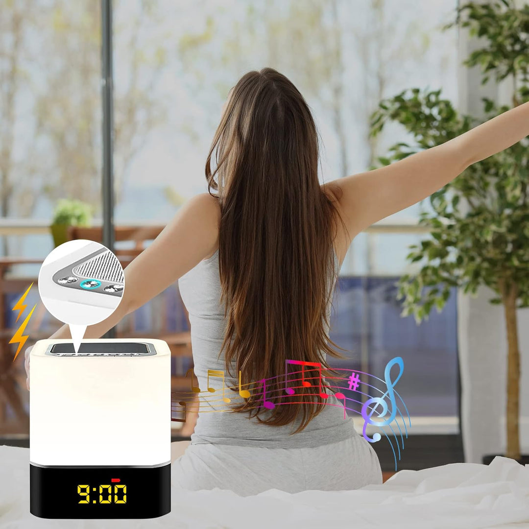 Nachttischlampe mit Wecker, Bluetooth-Lautsprecher, Dimmbarer RGB-Farbwechsel, Tragbarer Bluetooth-L