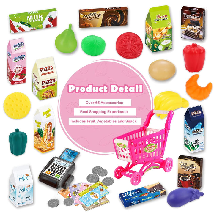 deAO Kinder Einkaufswagen Spielset, Gefüllt mit mehr als 50 Kunststoff Lebensmitteln Spielzeug für J