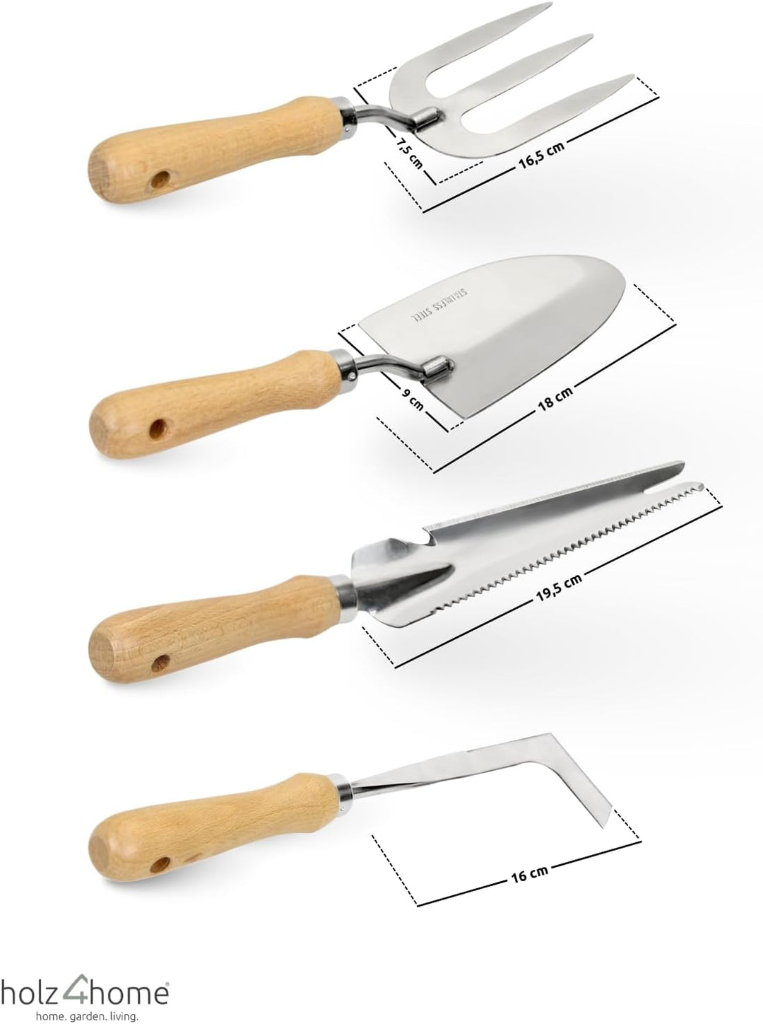 holz4home® Gartenwerkzeug Set 4-TLG. I Edelstahl & Eschenholz I Handschaufel, Unkrautstecher, Fugenk
