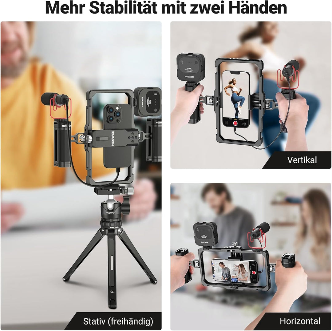 NEEWER Verbesserte Phone Käfig Cage Rig Vlogging Set, Videostabilisator mit doppeltem Griff drahtlos
