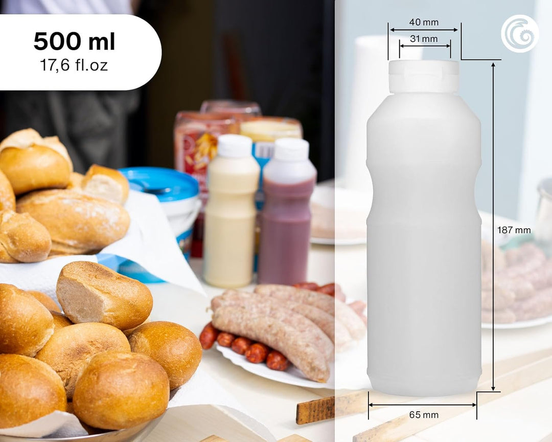 Octopus 3x Quetschflaschen, Ketchupflaschen 500 ml mit weissem Ketchupdeckel und Beschriftungsetiket