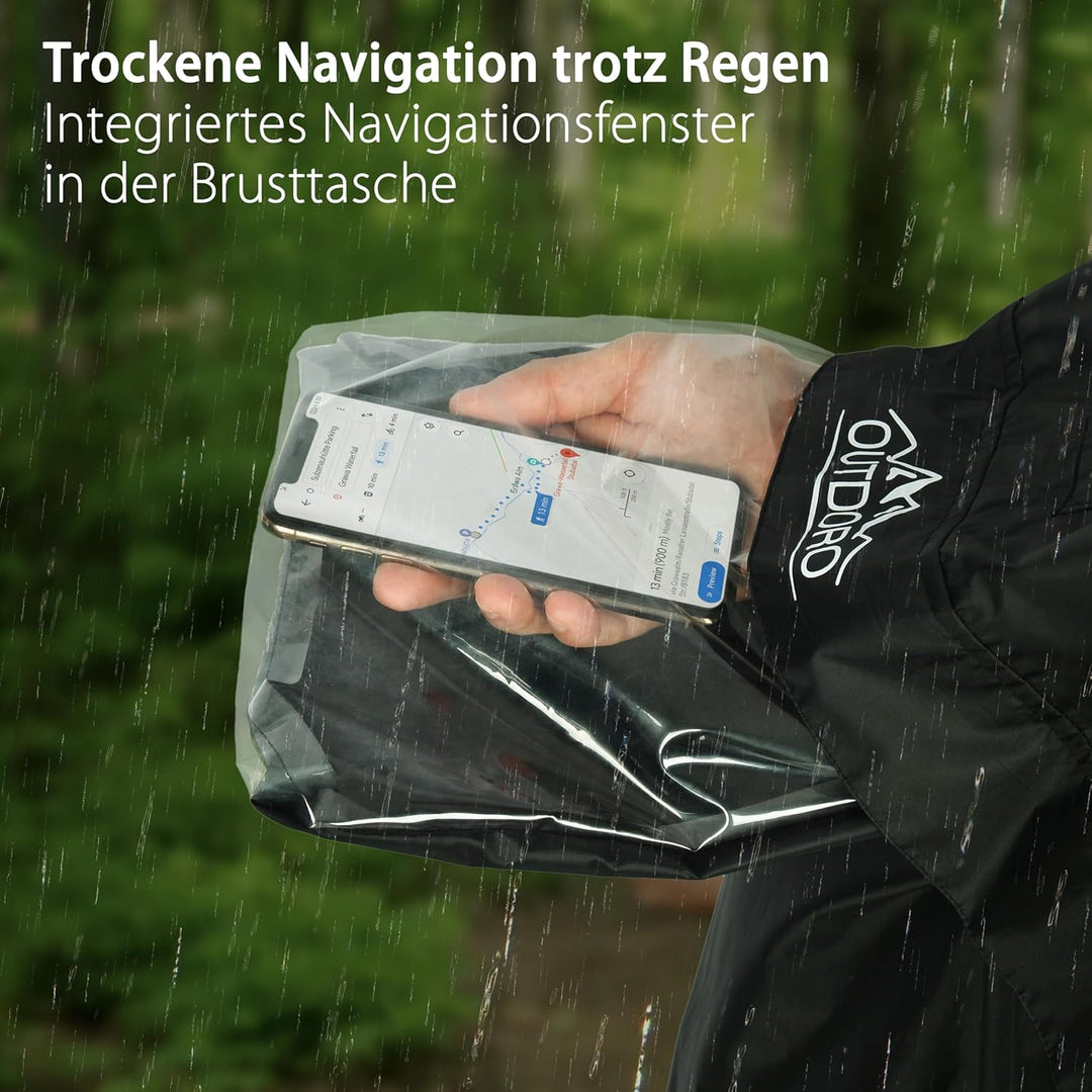 Outdoro Regenponcho mit Ärmeln - Mit Navigations-Fenster in der Brusttasche, Reissverschluss und Sic