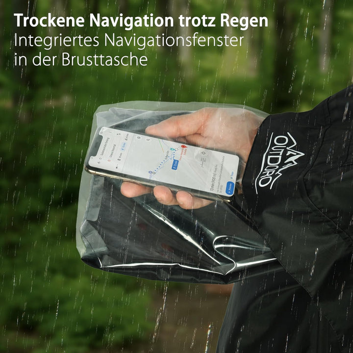 Outdoro Regenponcho mit Ärmeln - Mit Navigations-Fenster in der Brusttasche, Reissverschluss und Sic