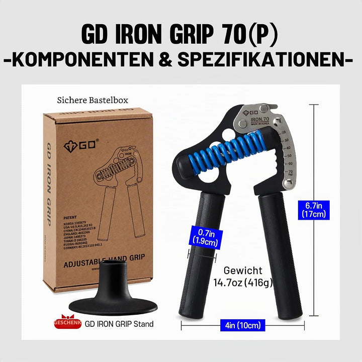 GD IRON GRIP 70 Handtrainer (verstellbarer Handgriff) Handgelenk- und Unterarm-Krafttrainer Handtrai