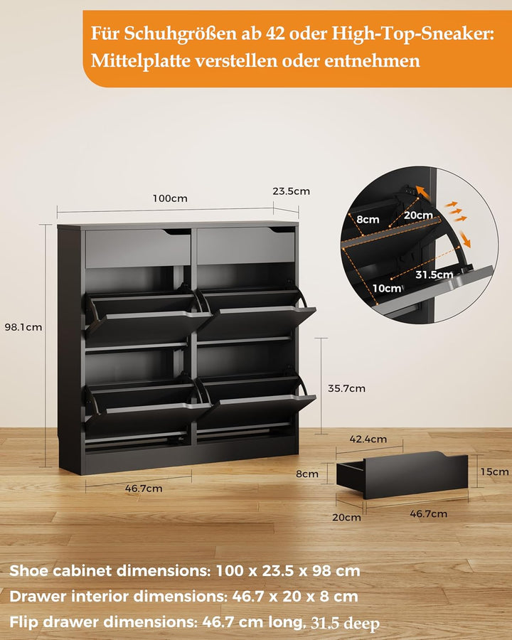 IRONCK Schuhschrank mit 4 Klappen, Schuhkipper Schmal mit 2 Schubladen, freistehendes Schuhregal, Sc