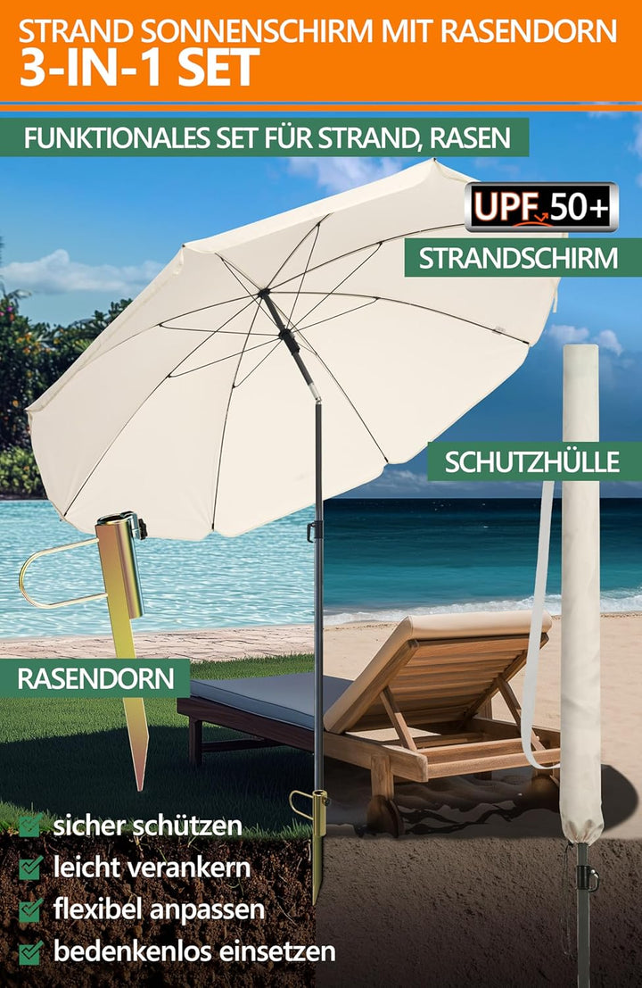 4smile SunnyJoy 3-IN-1 Set mit Sonnenschirm Strand in Beige - Strandschirm windfest stabil 180 cm mi