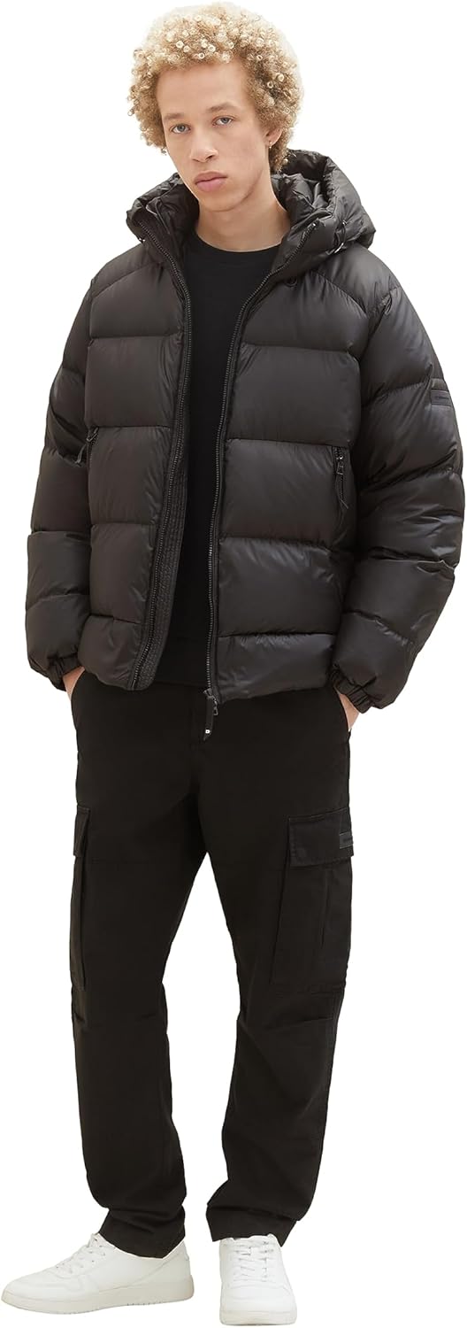 Tom Tailor Denim Herren Relaxed Fit Recycled Down Puffer-Jacke mit Kapuze 1037392 M 29999-black, M 2