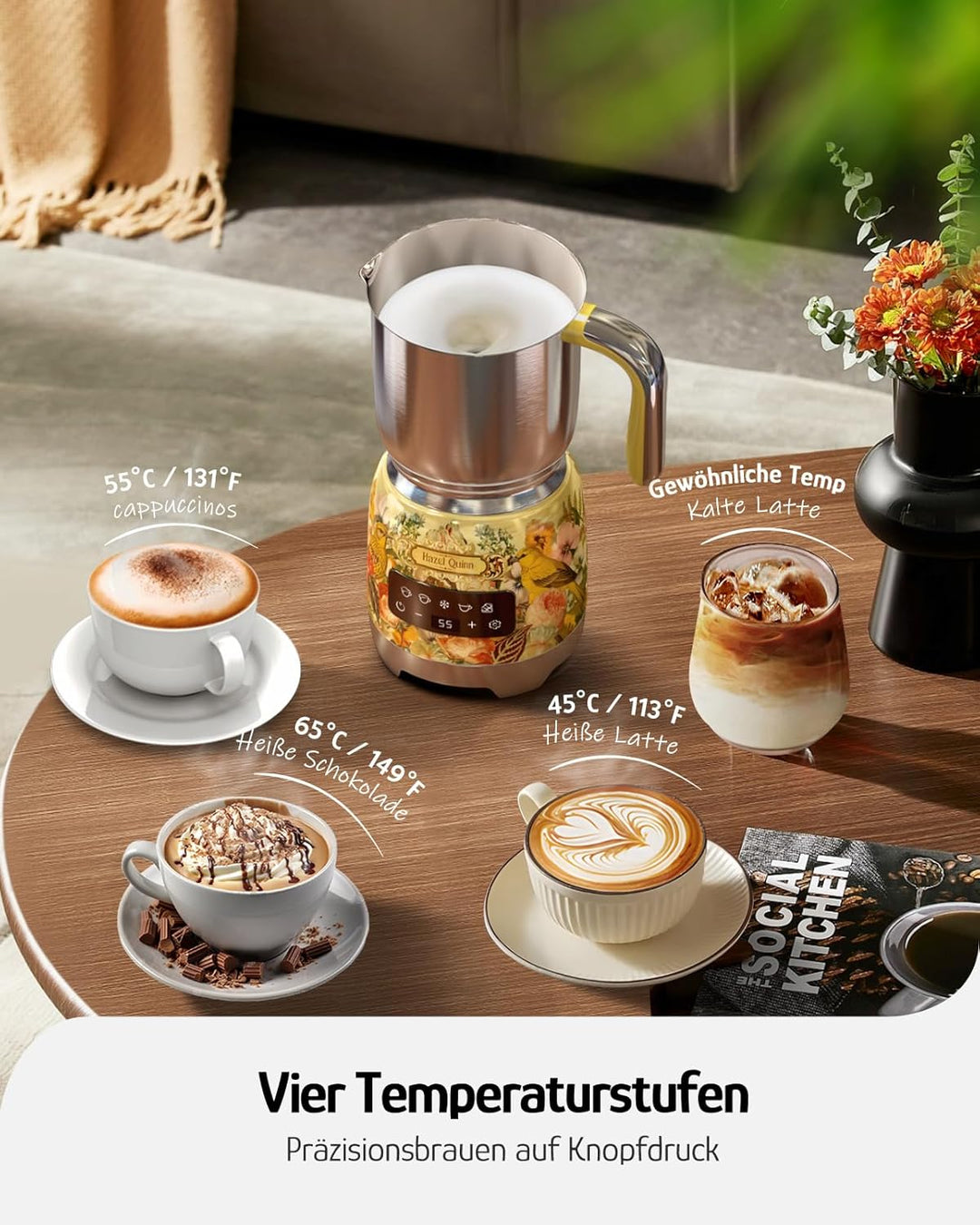Hazel Quinn Milchaufschäumer 5-in-1 Funktionalität, 450 ml für Milchschaum heiss und kalt, heisse Sc