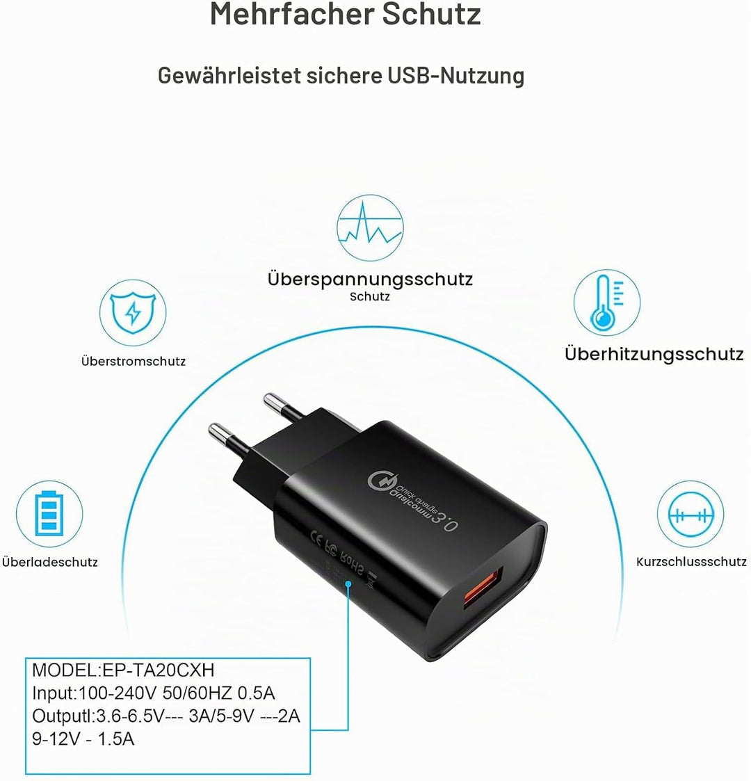 18W/3A USB Ladegerät Stecker Schnellladegerät Quick Charge 3.0 Ladeadapter Universal Netzteil für Sa
