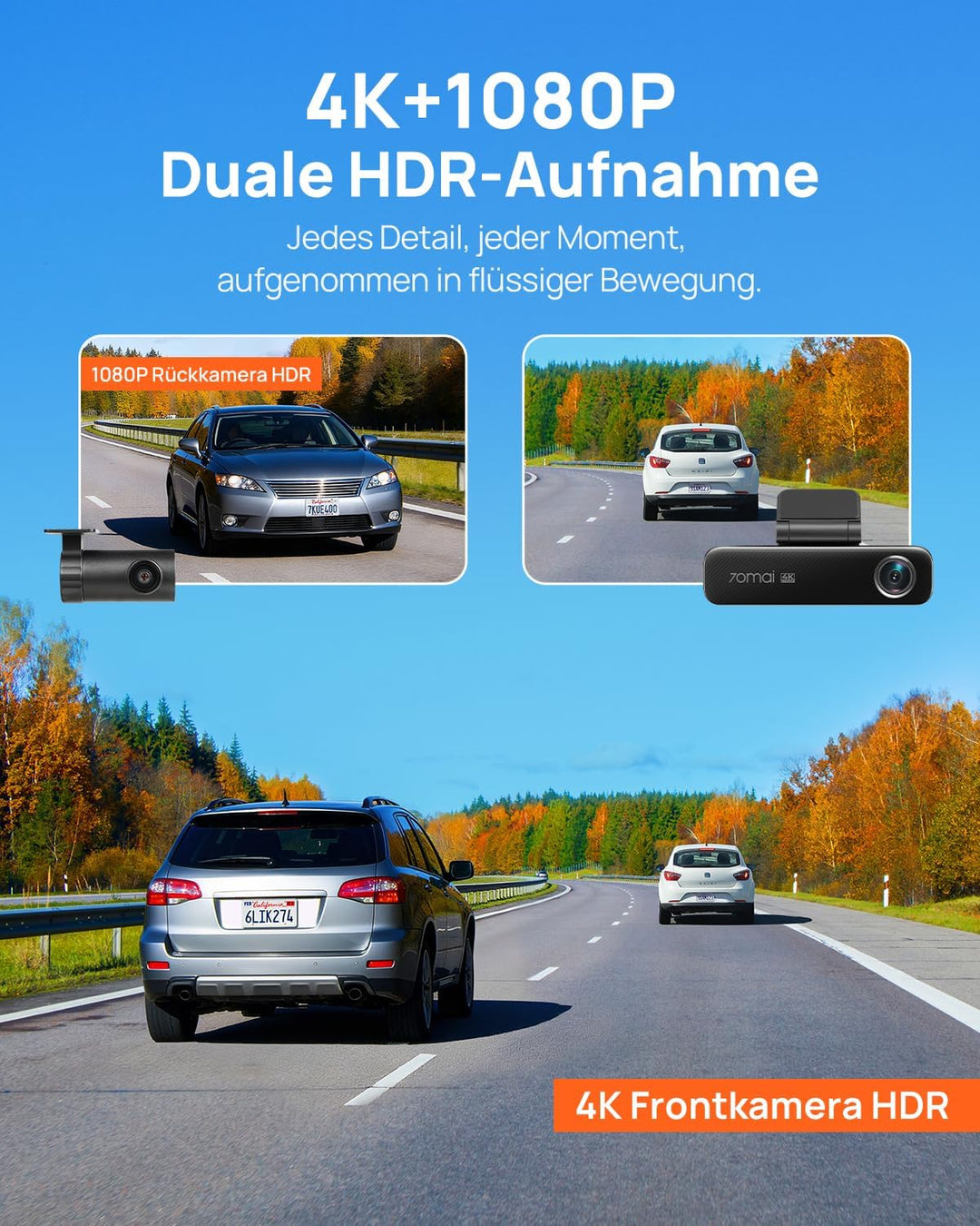 70mai M800 4K Dashcam Auto Vorne und Hinten, STARVIS 2 IMX678 Super Nachtsicht & F1.7-Blende, Dual H