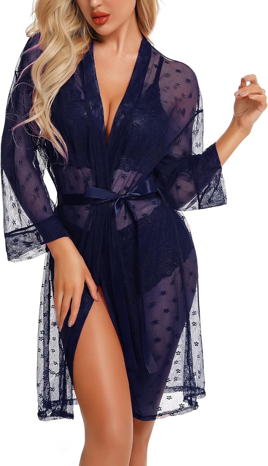 RSLOVE Sexy Dessous Set für Damen 3 teilig Spitzen Kimono mit BH und Höschen S Marineblau, S Marineb