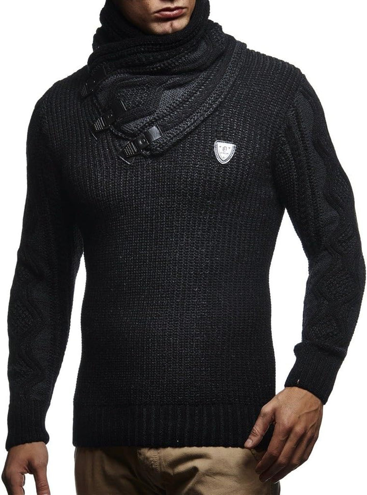 Leif Nelson Herren Strick-Pullover Schalkragen Slim Fit Winter Sommer Moderner Männer schwarzer Pull