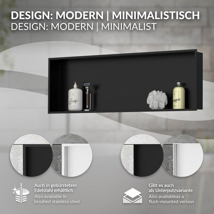 LuxeBath Wandnische aus Edelstahl, 90x30x10 cm, Schwarz, Duschnische mit Rahmen, Einbauregal, Flexib
