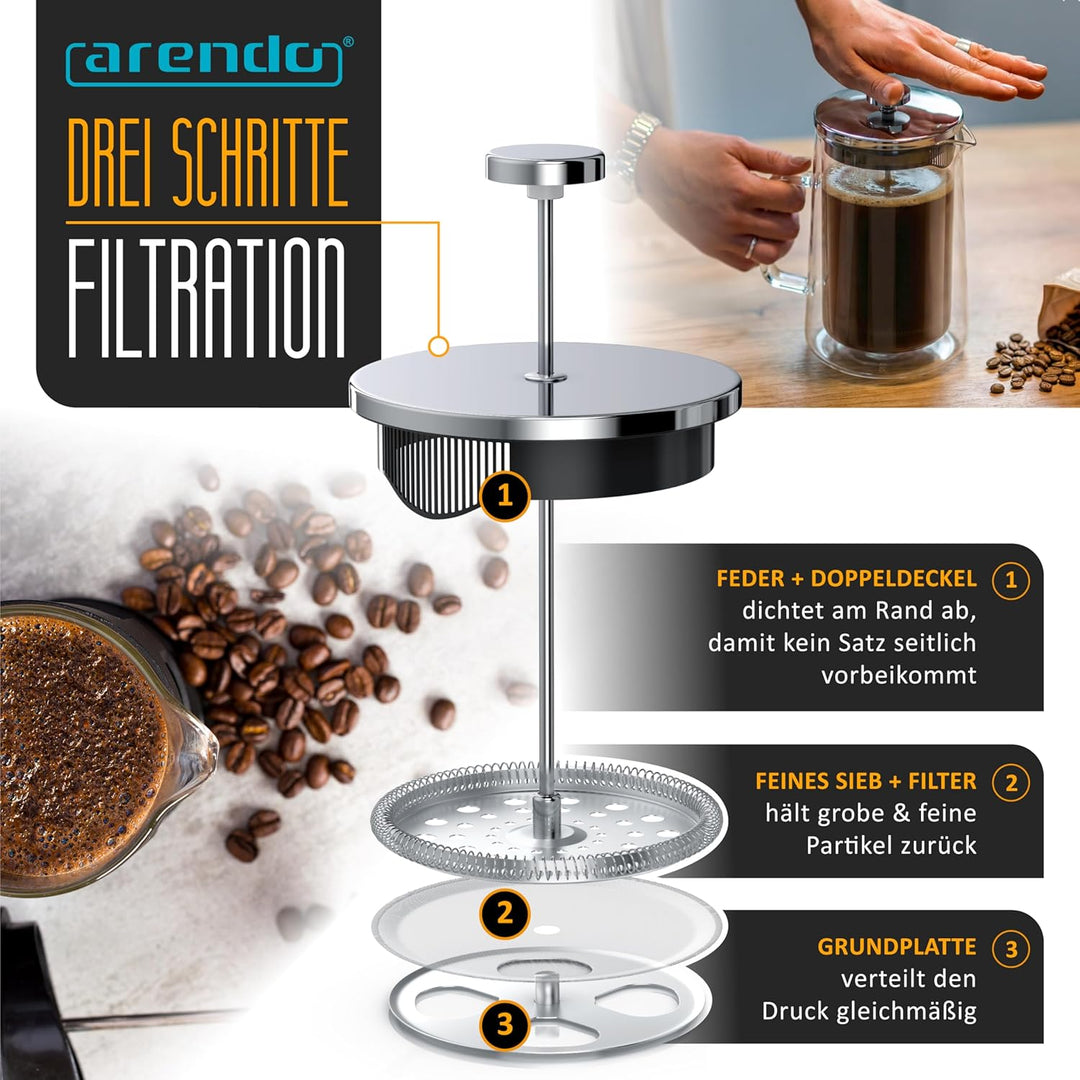 Arendo - French Press 1 Liter – Kaffeepresse - Thermo Doppelwand Design - aus Glas - Kaffeebereiter