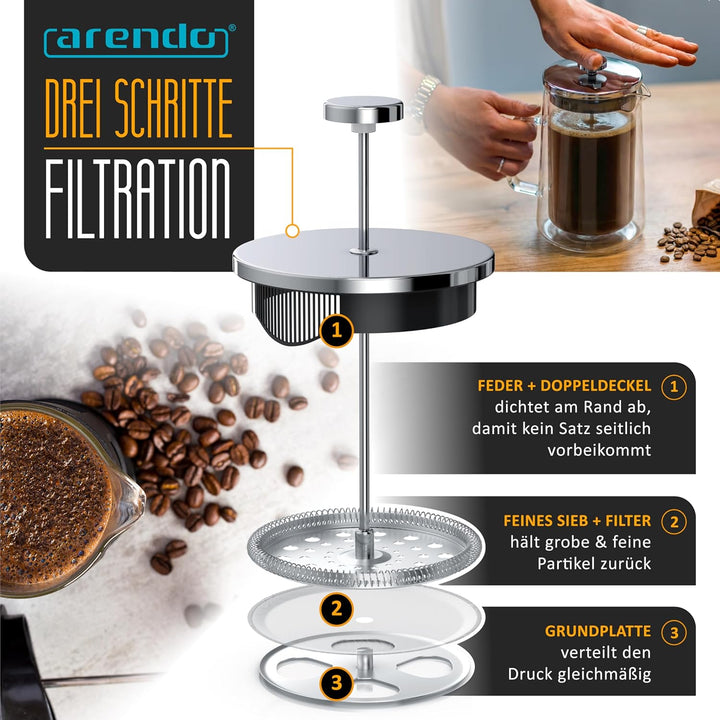 Arendo - French Press 1 Liter – Kaffeepresse - Thermo Doppelwand Design - aus Glas - Kaffeebereiter