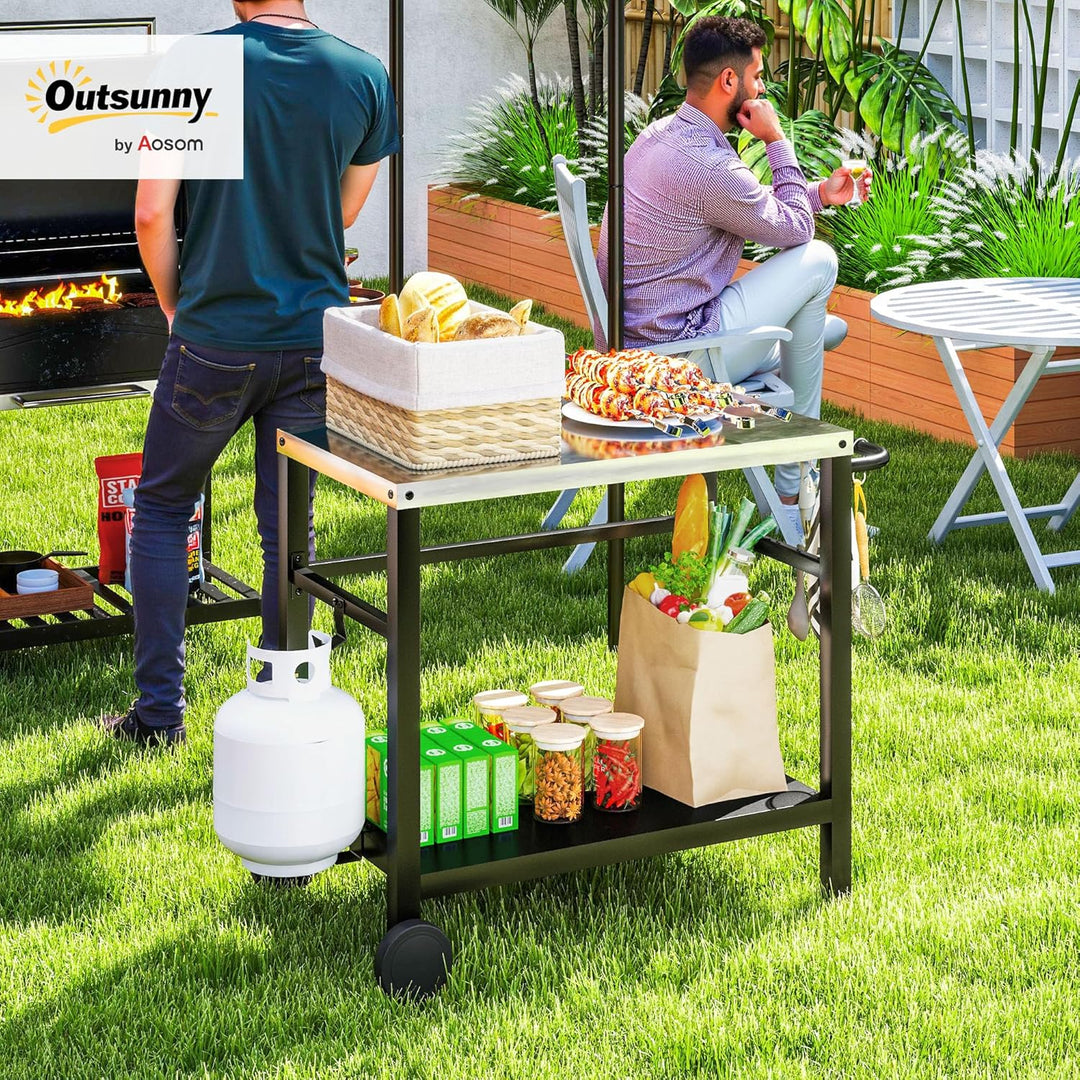 Outsunny Grillwagen 2-Etagen Servierwagen mit Arbeitsfläche Ablagen Haken Räder, BBQ Grilltisch aus