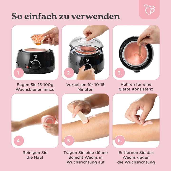 Wachswärmer | Waxing Set mit 100g Wachsperlen für Haarentfernung + 10 Spatel aus Holz + Aluminium-Wa