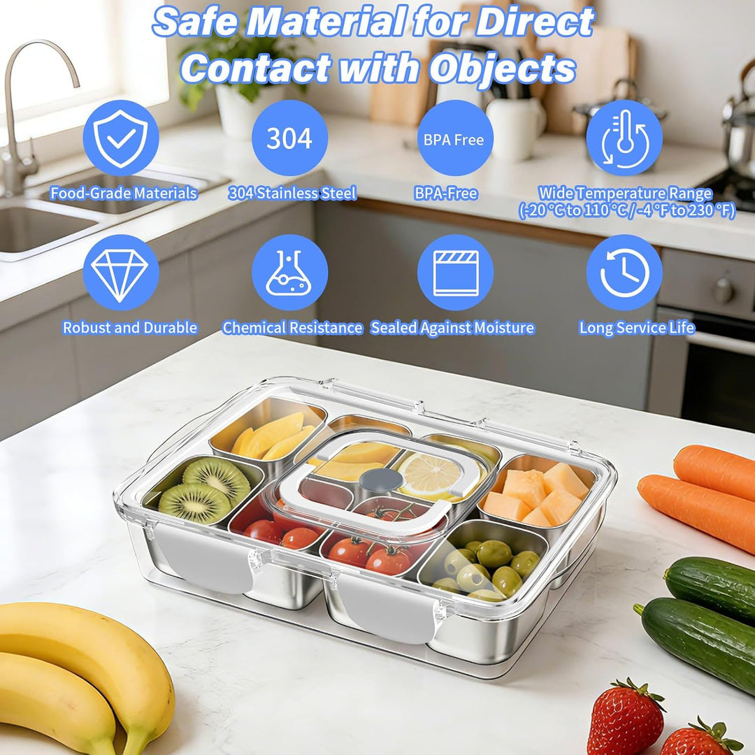 Snackbox Edelstahl mit 8 Fächern, Tragbar & Auslaufsicher Snackteller mit Deckel für Snacks, Süssigk