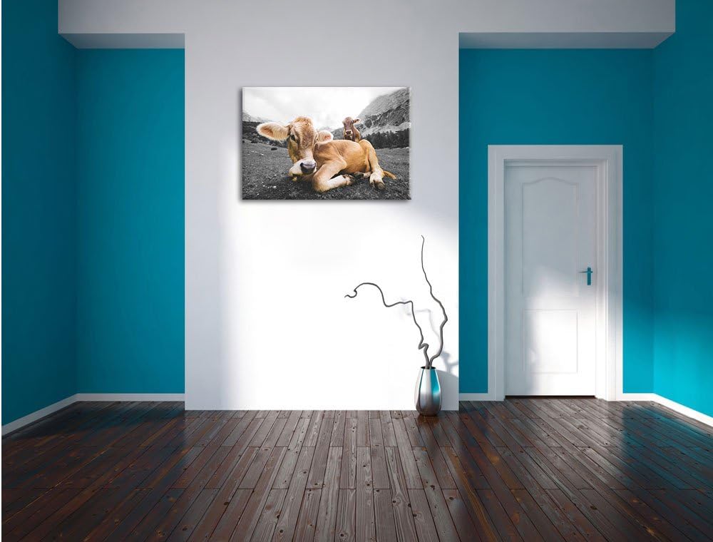 Pixxprint Almkuh in den Bergen als Leinwandbild/Grösse: 100x70 / Wandbild/Kunstdruck/fertig bespannt