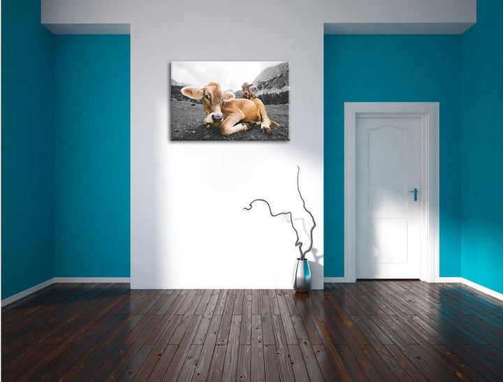 Pixxprint Almkuh in den Bergen als Leinwandbild/Grösse: 100x70 / Wandbild/Kunstdruck/fertig bespannt