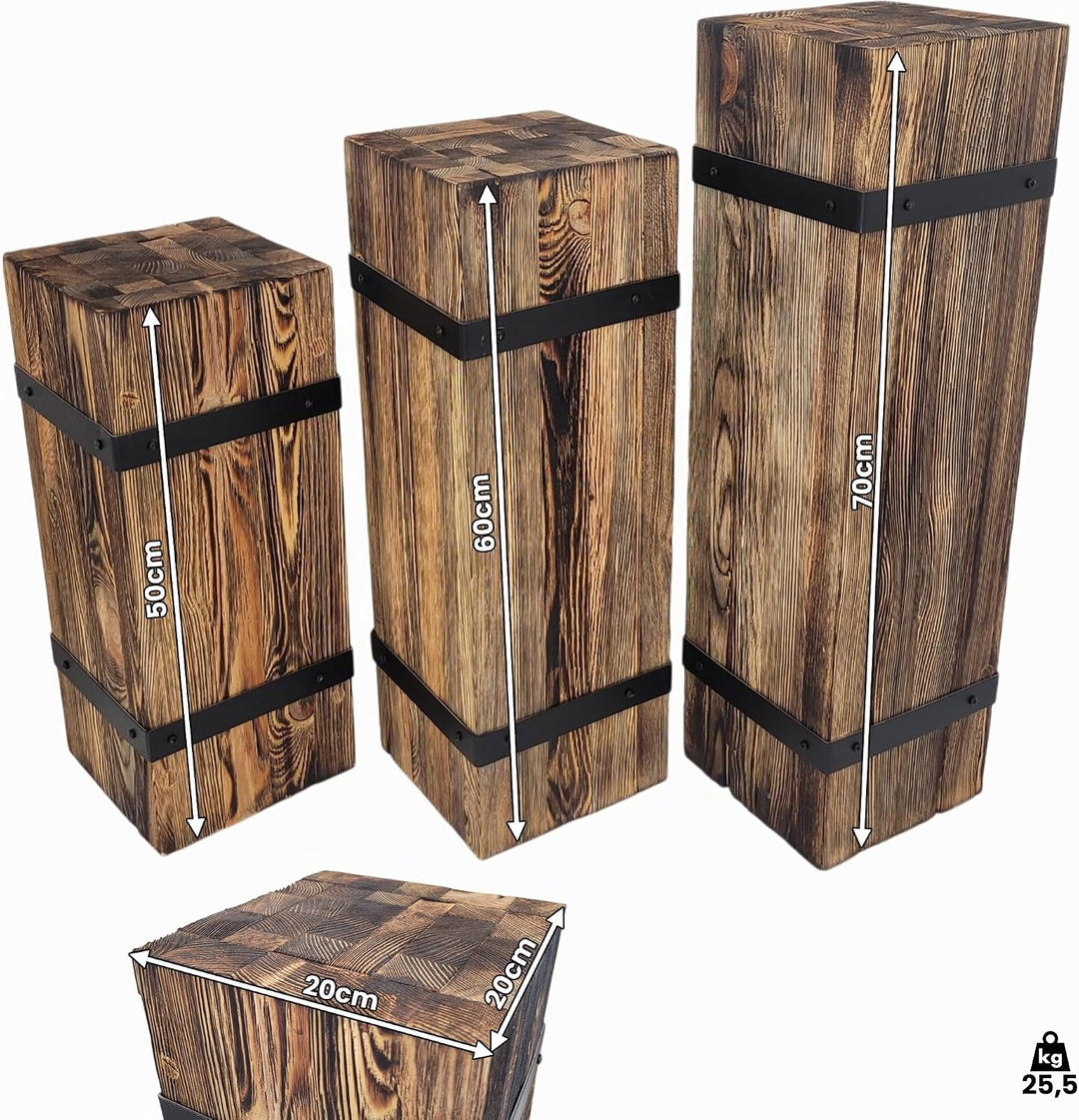 weeco Dekorative Holzsäule Set 3-tlg. – rustikale Sockel, Pflanzenständer und Dekosäulen, massives K