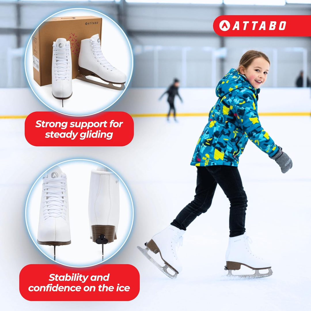 ATTABO OLI Kinder Eiskunstlauf-Schlittschuhe, verstellbar, Weiss – Edelstahl-Figurkufe mit Toe Pick,
