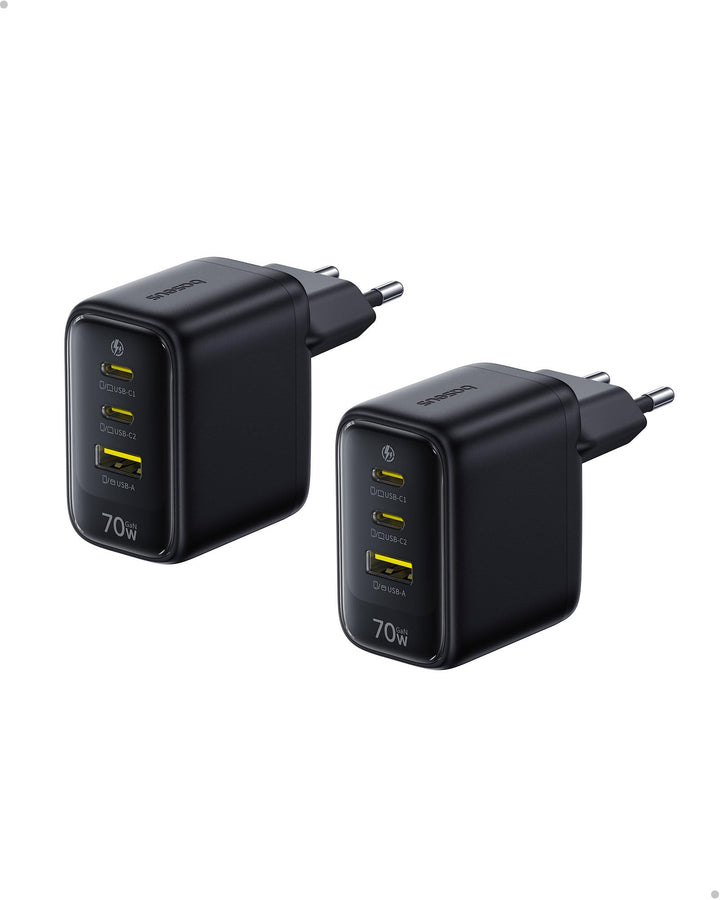 Baseus Enerfill 70W USB C Ladegerät, 2Pack 3-Port GaN6 Schnellladegerät, kompaktes Netzteil für MacB