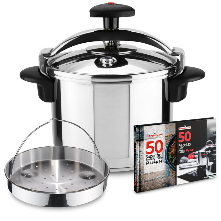 Magefesa Star Recta – Exklusives Set Traditioneller Schnellkochtopf 6L + Dämpfeinsatz + Rezeptbuch,
