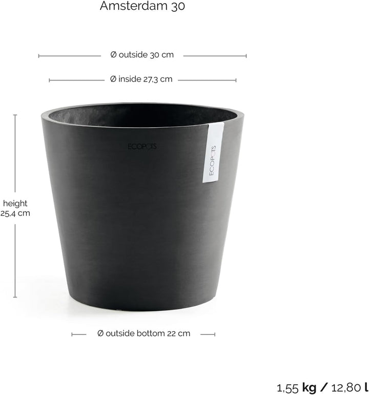 Ecopots Blumentopf Amsterdam Dunkel Grau - Durchmesser Ø 30 cm rund gross - Pflanzentopf aus Recycli