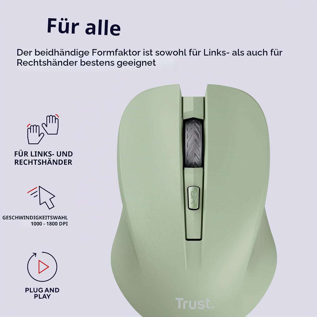 Trust Mydo Leise Funkmaus, 82% aus Recyclingkunststoff, 1000-1800 DPI, Verstaubarer USB Mikroempfäng