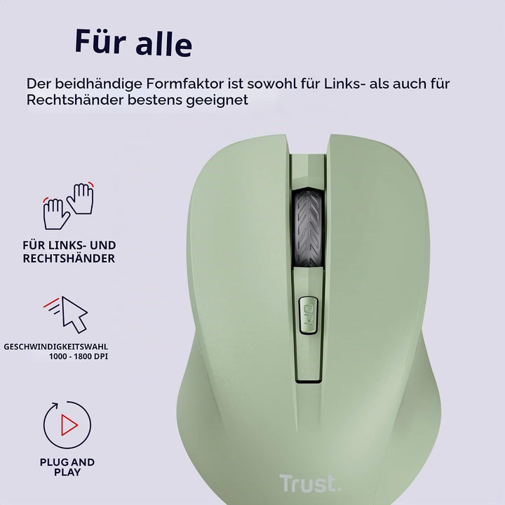 Trust Mydo Leise Funkmaus, 82% aus Recyclingkunststoff, 1000-1800 DPI, Verstaubarer USB Mikroempfäng
