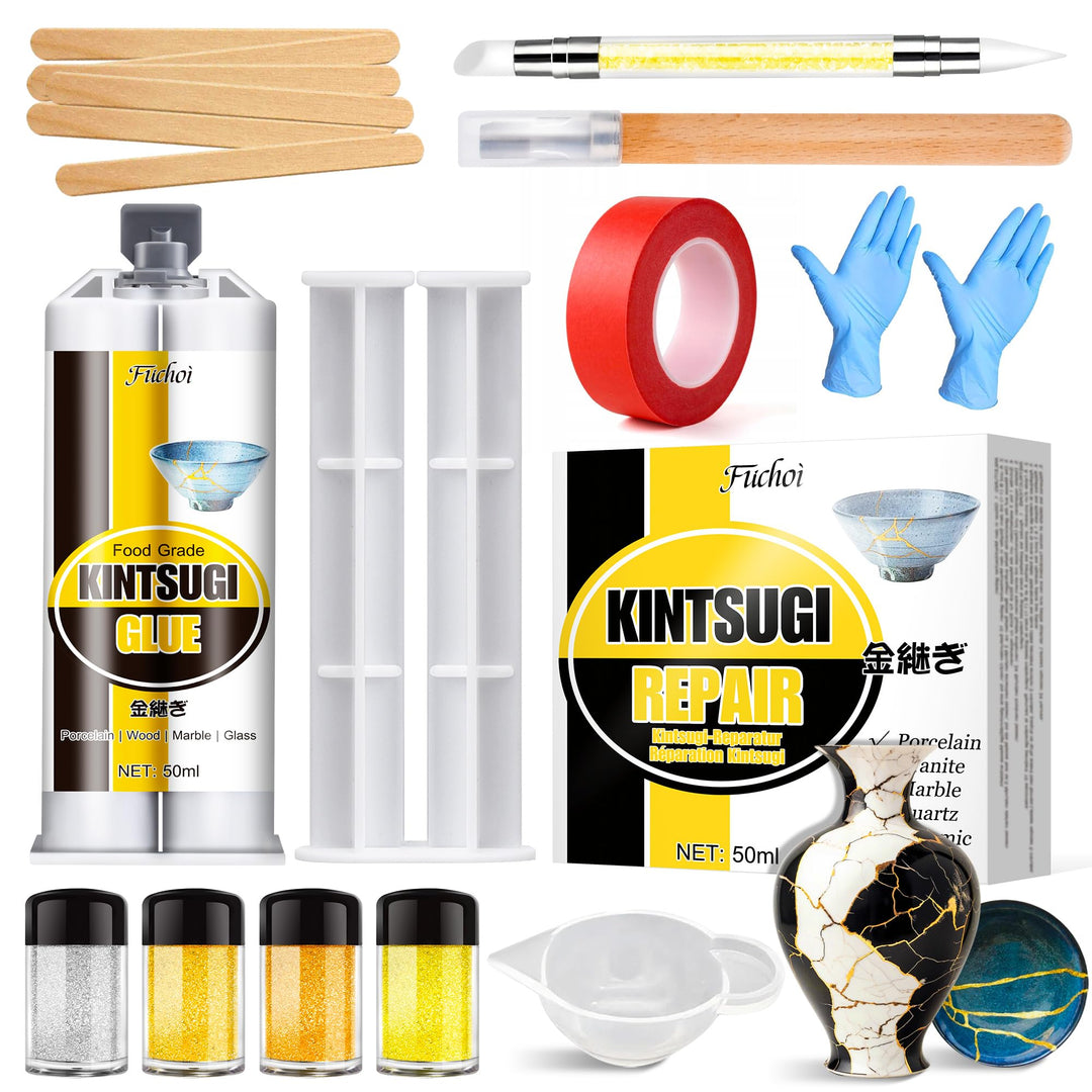 Kintsugi Reparaturset, Japanisches Kintsugi Kit mit 50ml Lebensmittelechter Keramikkleber, 4 Farben